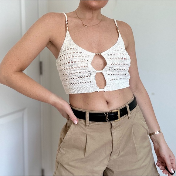 Croche Knit Open Front Spaghetti Strap Crop Cami - Picture 1 of 9